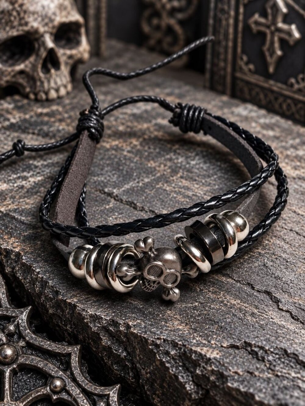 Skull Black Braided Leather Adjustable Bracelet Charm Gothic Steam Punk Core